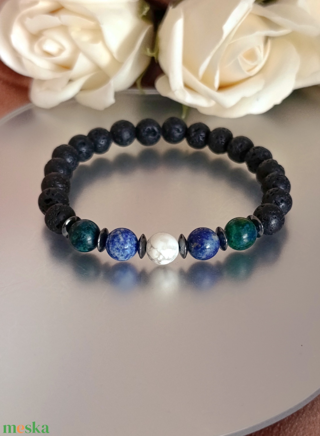 Azurit-malachit, lapis lazuli, howlit és lávakő karkötő hematit korongokkal - ékszer - karkötő - ásványkarkötő - Meska.hu