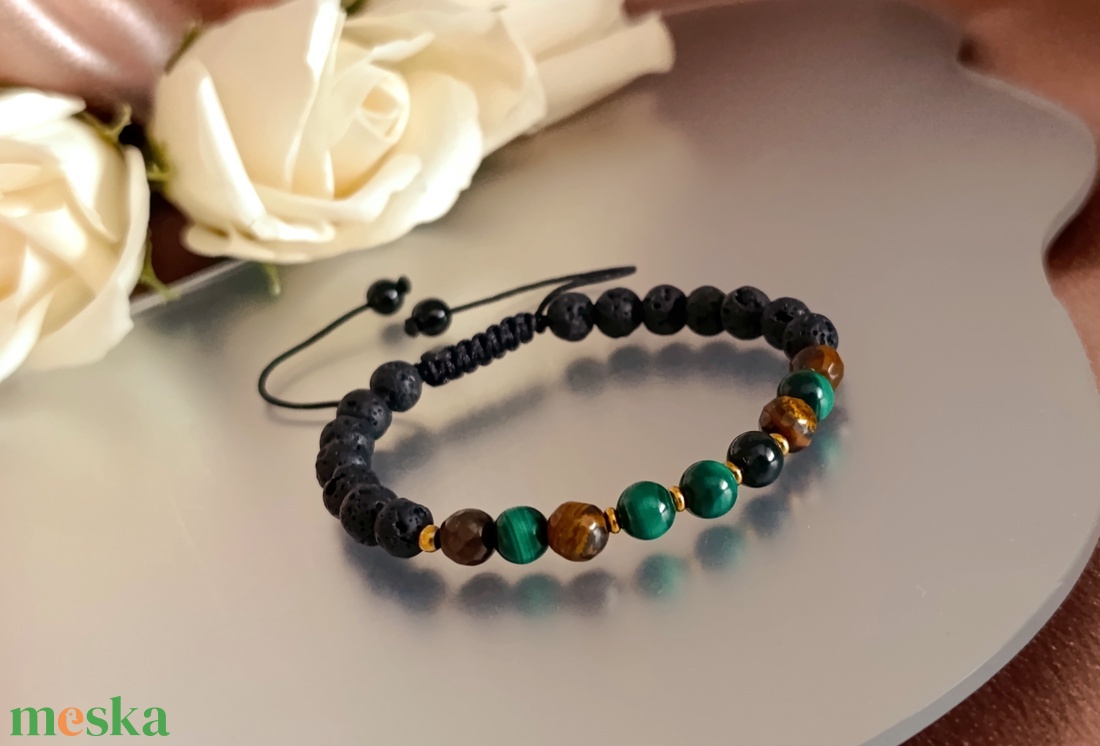 Bőség � Védelem � Belső erő karkötő malachittal, tigrisszemmel és lávakővel - ékszer - karkötő - ásványkarkötő - Meska.hu