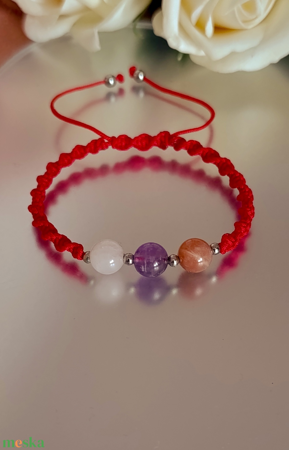 Női egyensúly ásványkarkötő chevron ametiszttel, rózsakvarccal és barack holdkővel  - ékszer - karkötő - ásványkarkötő - Meska.hu