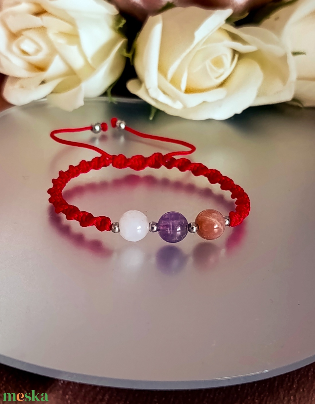 Női egyensúly ásványkarkötő chevron ametiszttel, rózsakvarccal és barack holdkővel  - ékszer - karkötő - ásványkarkötő - Meska.hu