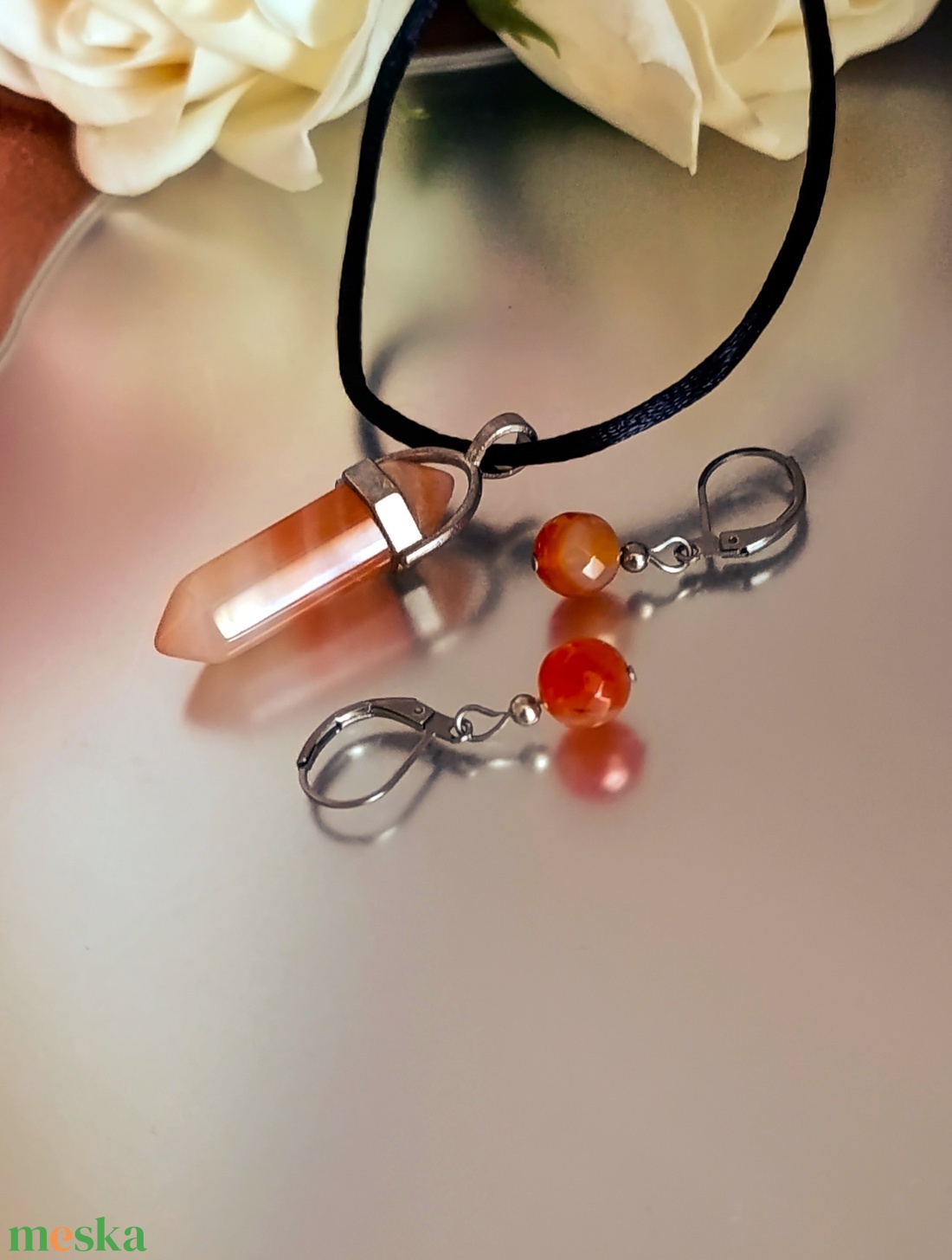 Életenergia karneol csúcsmedálos nyaklánc és fülbevaló szett  - ékszer - ékszerszett - Meska.hu