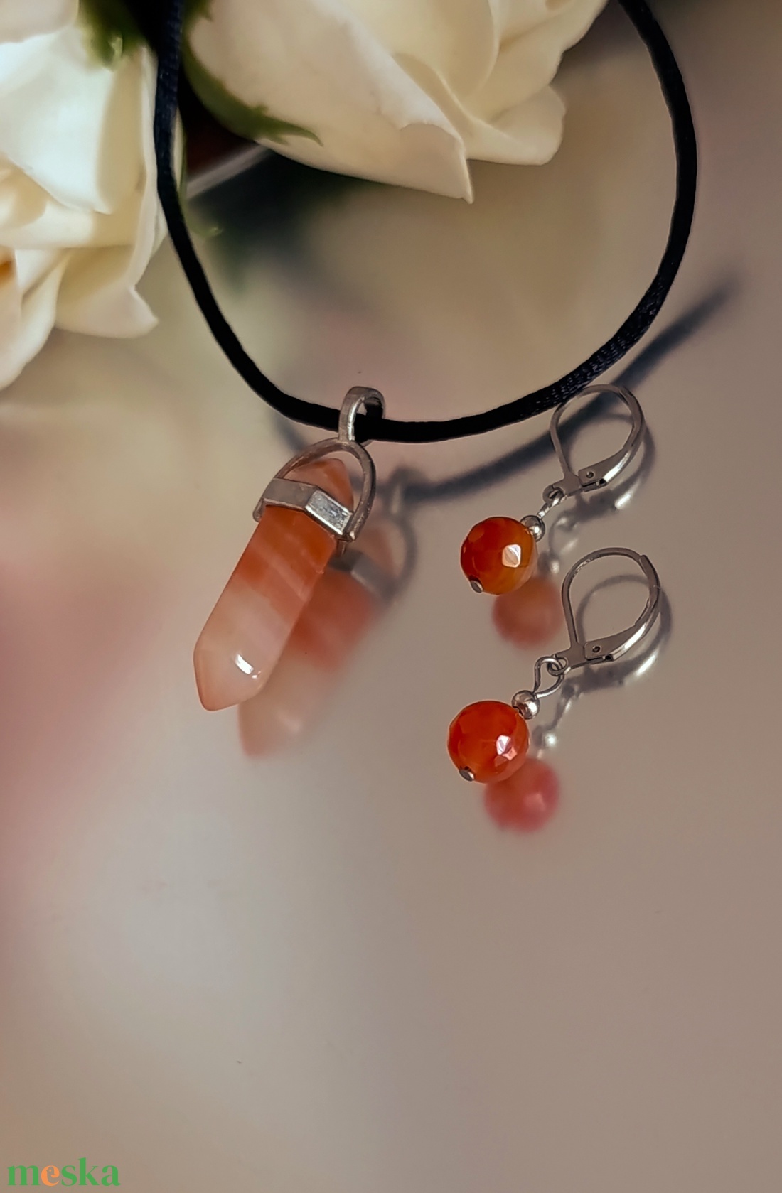 Életenergia karneol csúcsmedálos nyaklánc és fülbevaló szett  - ékszer - ékszerszett - Meska.hu