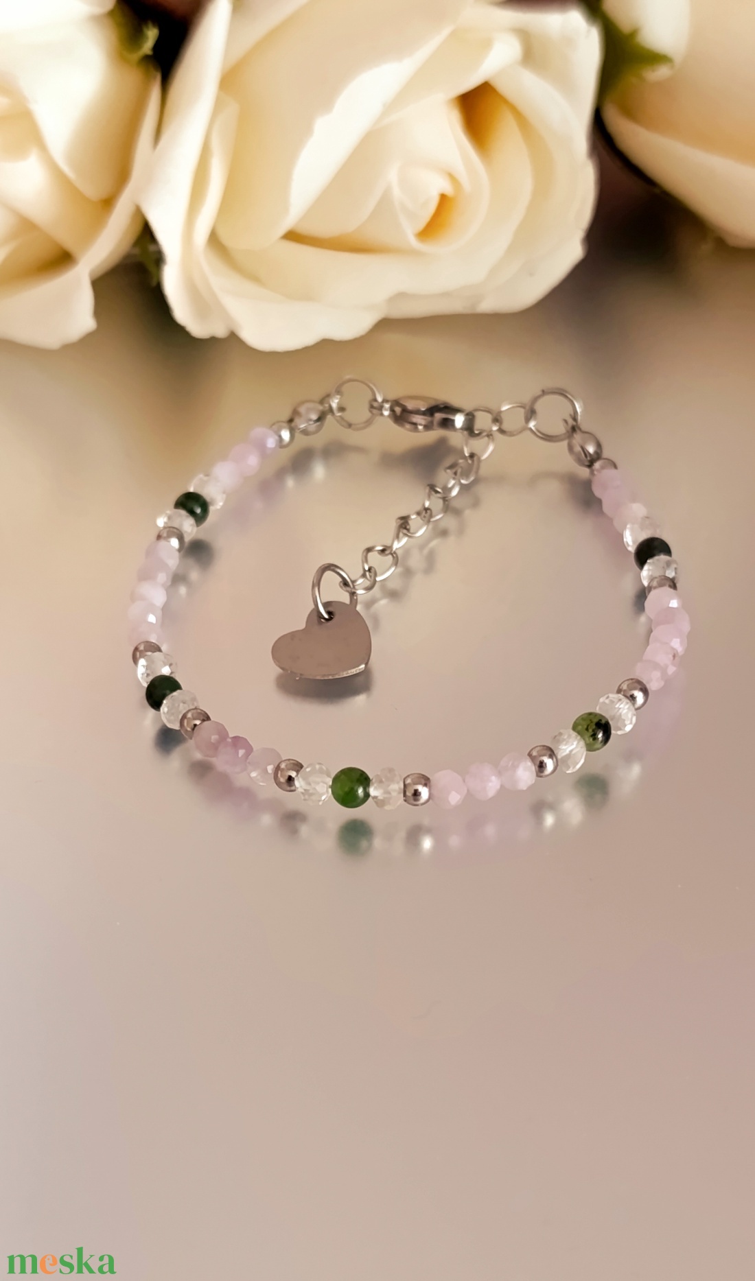 Szívcsakra harmónia - szeretet - lelki egyensúly � smaragd, kunzit, hegyikristály karkötő - ékszer - karkötő - ásványkarkötő - Meska.hu