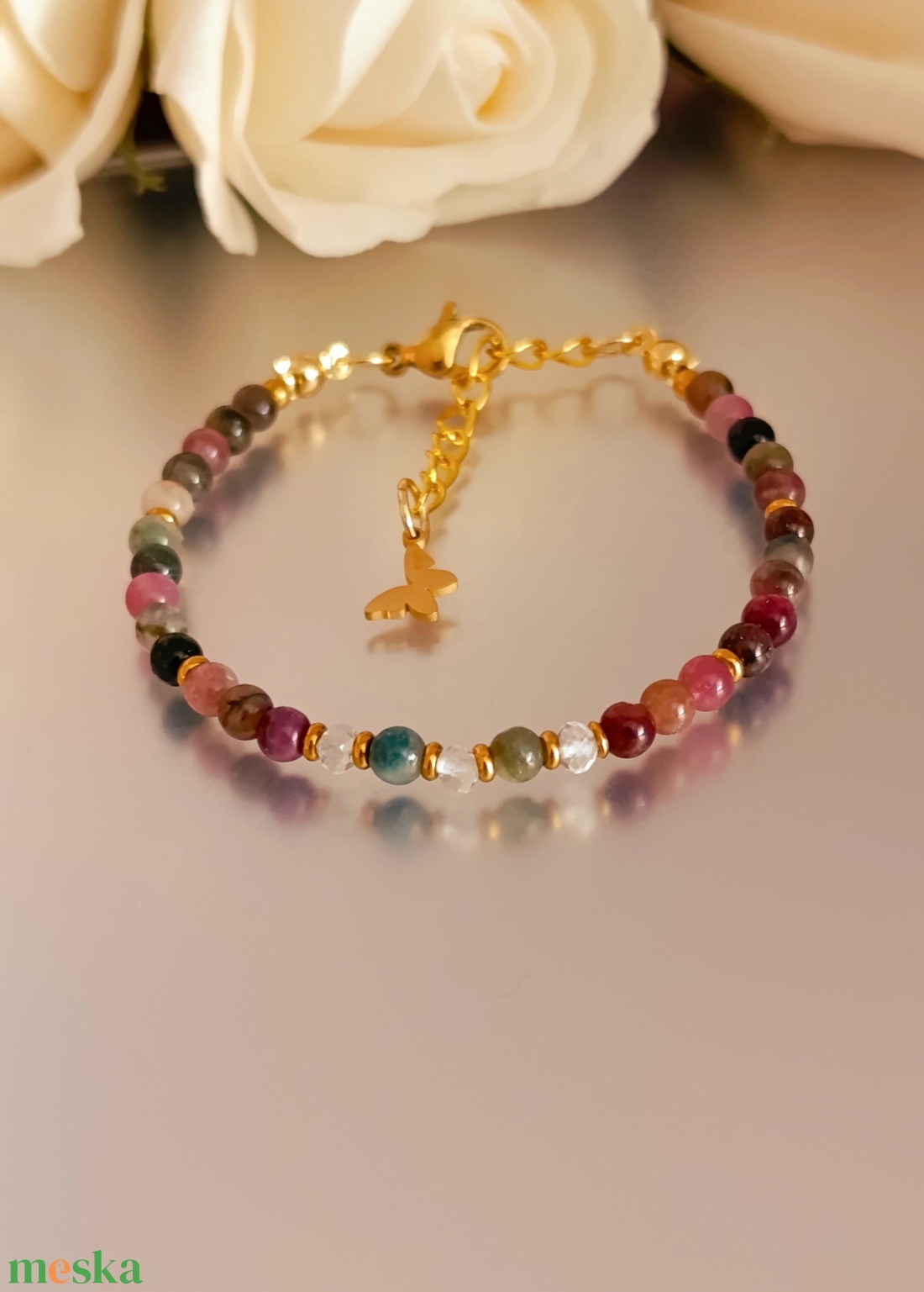 Harmónia - védelem - energiatisztítás � színes turmalin és hegyikristály karkötő pillangó medállal - ékszer - karkötő - ásványkarkötő - Meska.hu