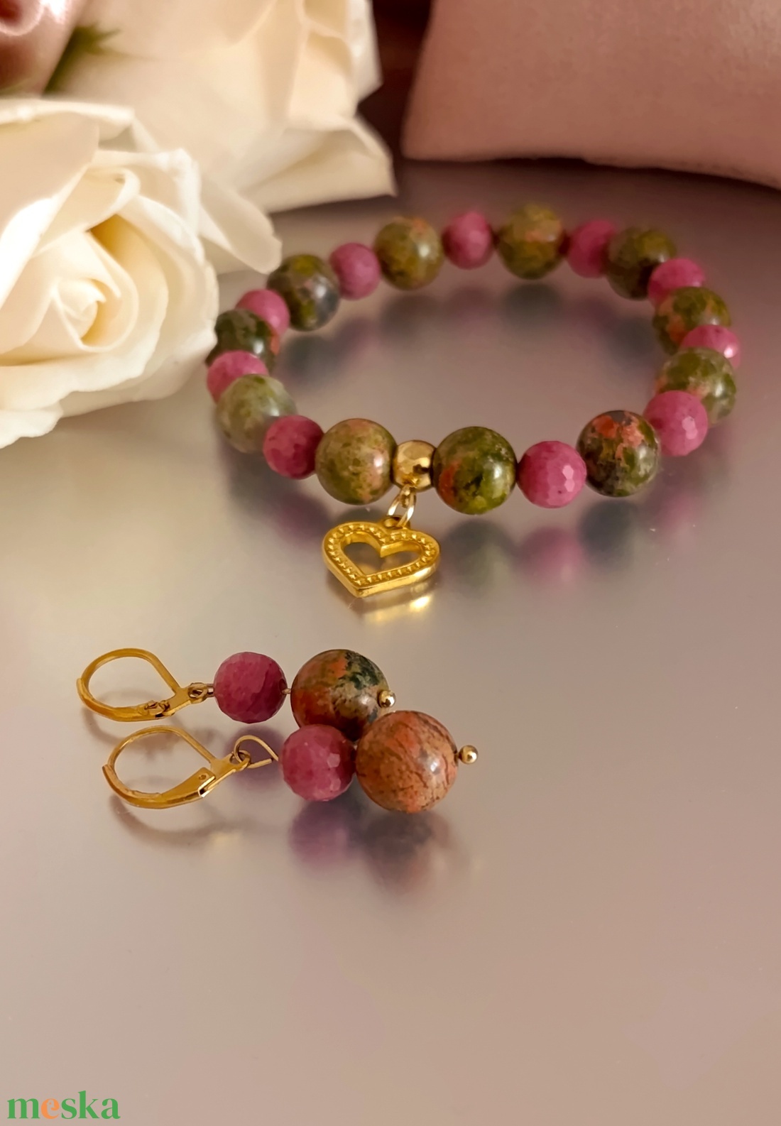 Szívgyógyító ásványkarkötő és fülbevaló unakittal és thulittal  - ékszer - ékszerszett - Meska.hu