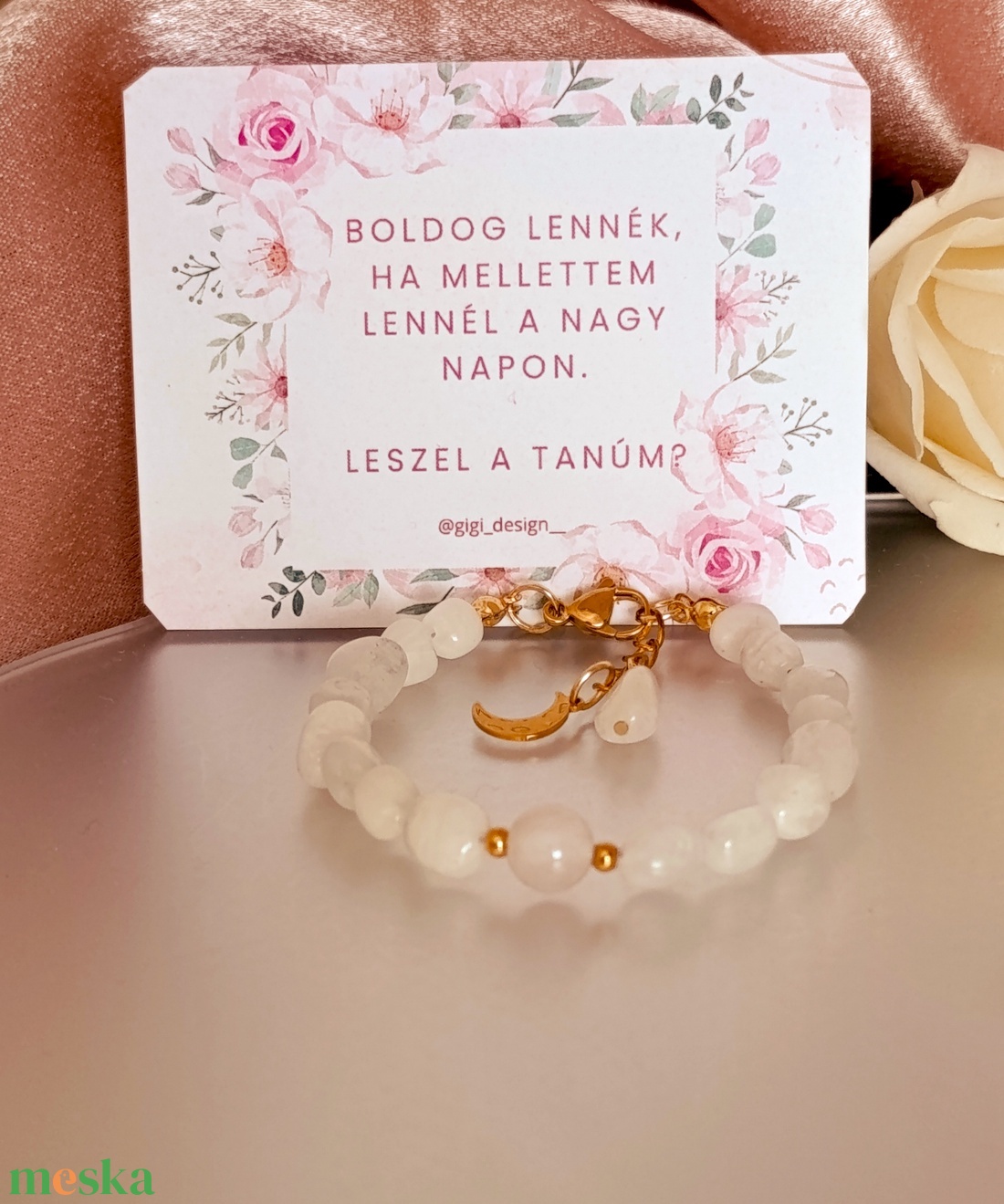 Szivárvány holdkő és madagaszkári rózsakvarc kapcsos női ásványkarkötő Hold medállal - tanúfelkérő - ékszer - karkötő - ásványkarkötő - Meska.hu
