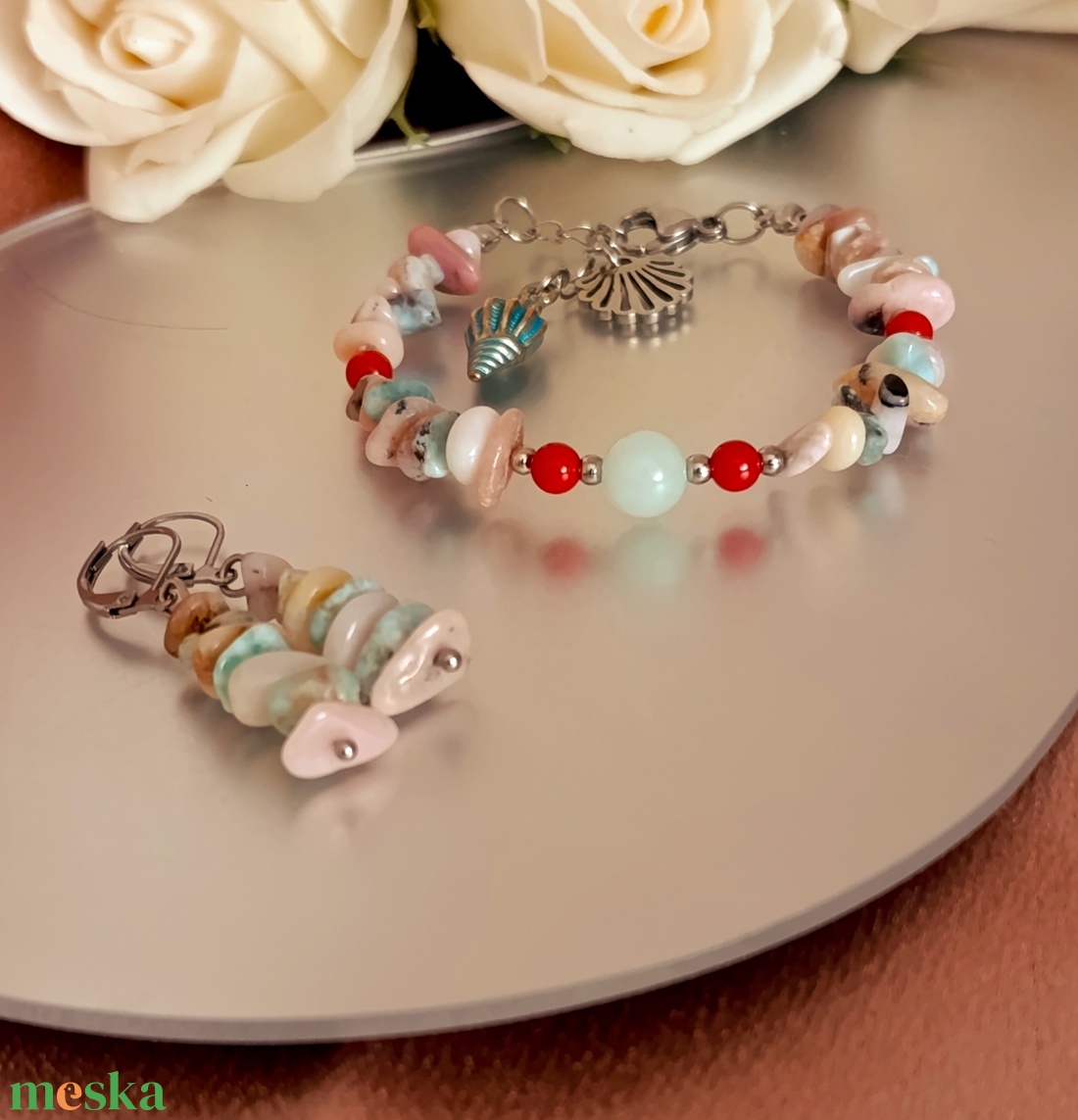 Tenger nyugalma szett larimárral, pink andok opállal, korallal és türkiz jádeval - ékszer - karkötő - ásványkarkötő - Meska.hu