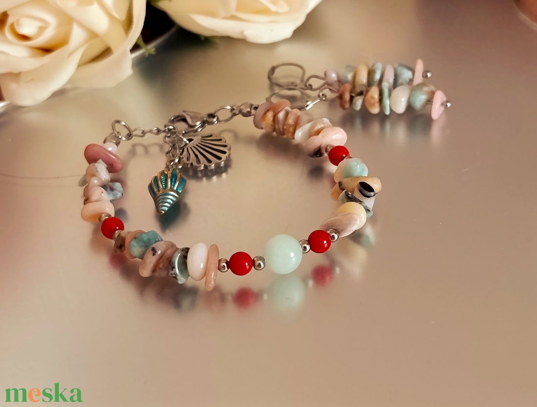 Tenger nyugalma szett larimárral, pink andok opállal, korallal és türkiz jádeval - ékszer - karkötő - ásványkarkötő - Meska.hu