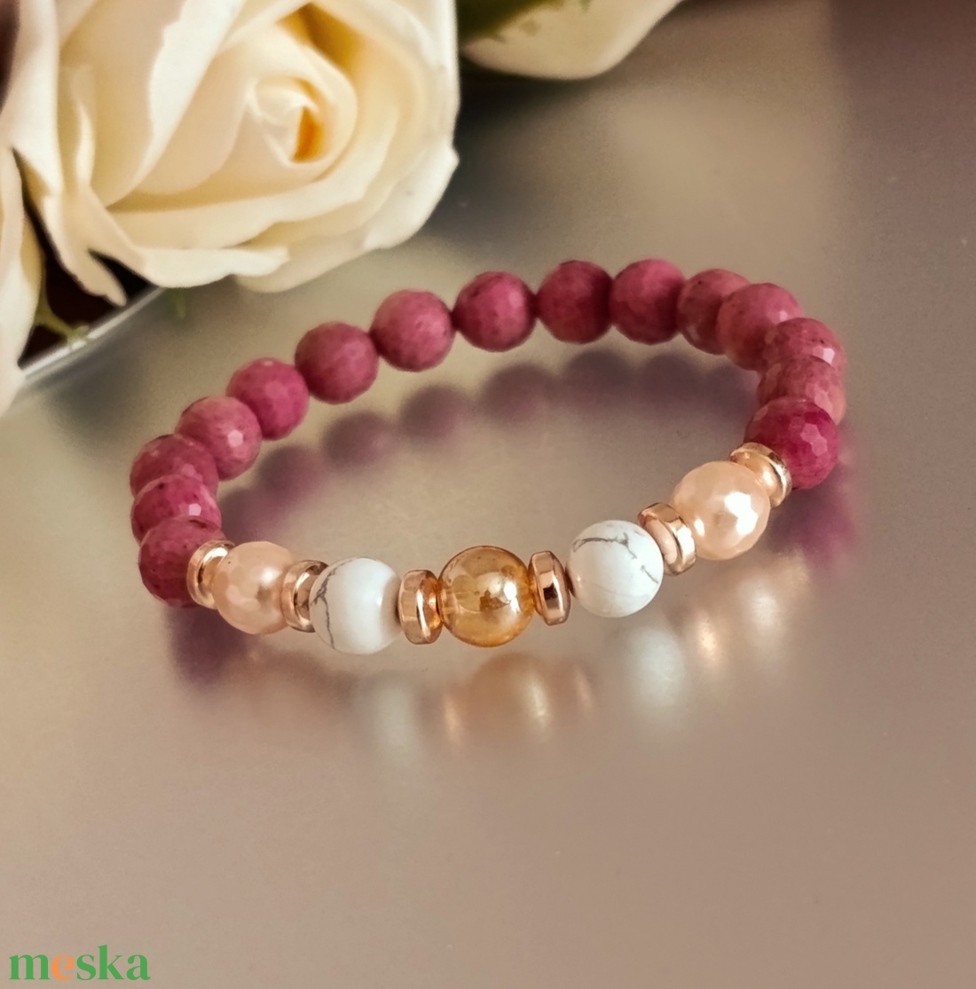 Golden Serenity A minőségű fazettált thulit ásványkarkötő  - ékszer - karkötő - ásványkarkötő - Meska.hu