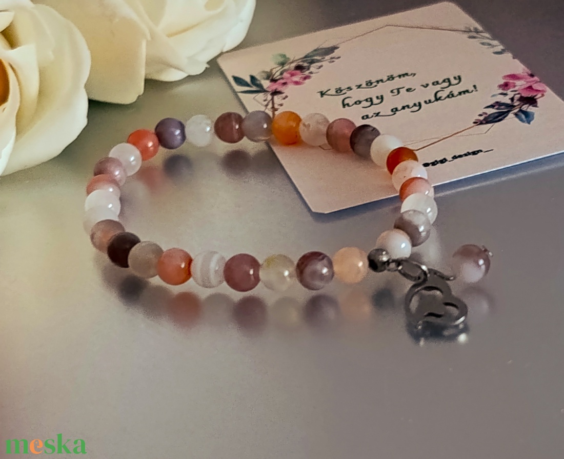 Pink botswana achát karkötő Anyák napjára, szív medállal  - ékszer - karkötő - ásványkarkötő - Meska.hu