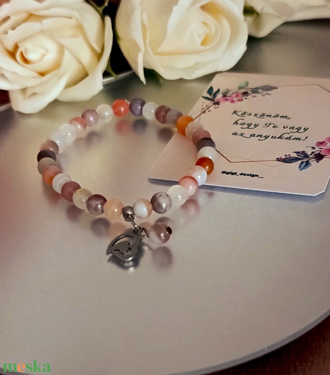 Pink botswana achát karkötő Anyák napjára, szív medállal  - ékszer - karkötő - ásványkarkötő - Meska.hu