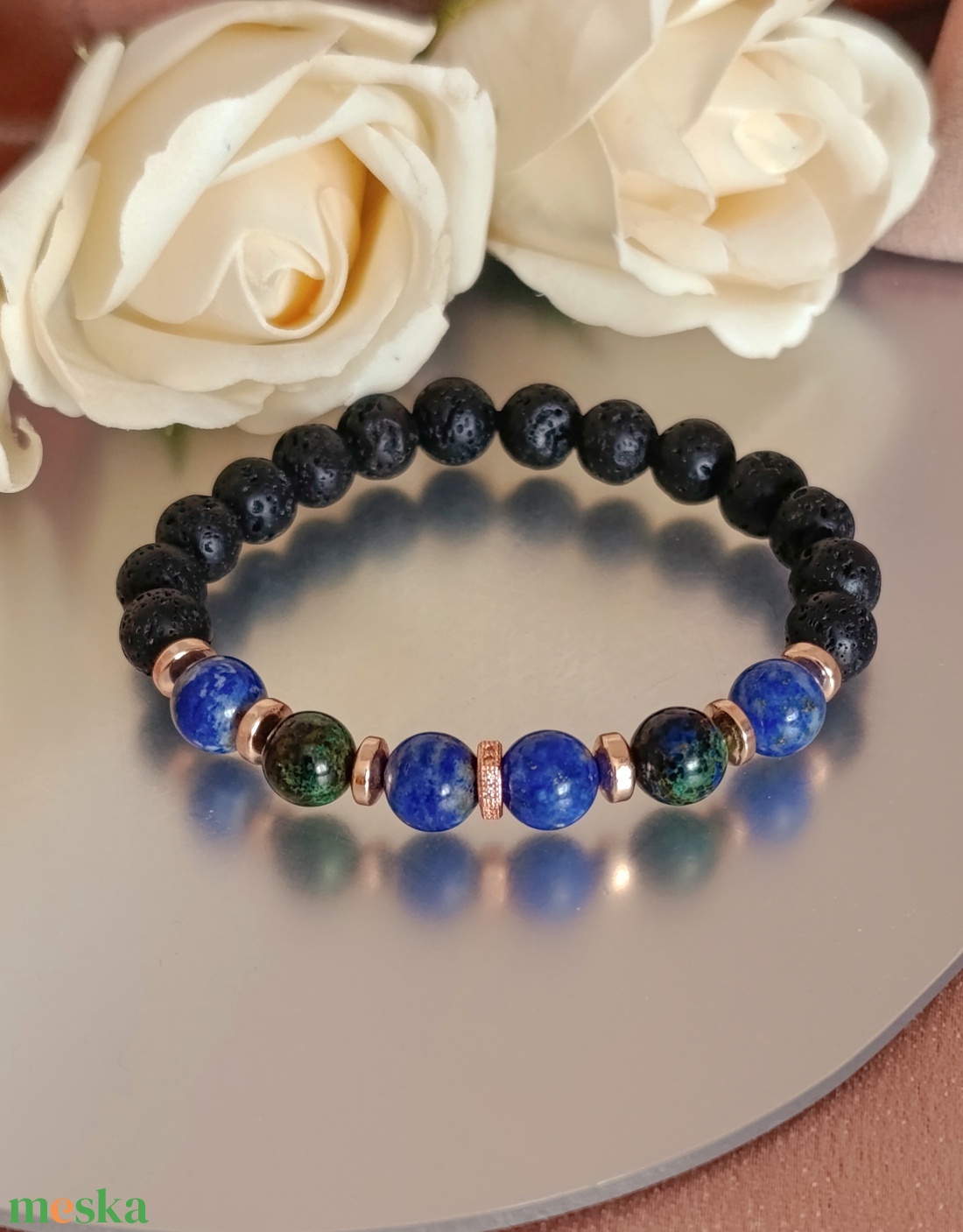 Azurit-malachit, lapis lazuli, hematit és lávakő női ásvány karkötő, aroma ékszer - ékszer - karkötő - ásványkarkötő - Meska.hu
