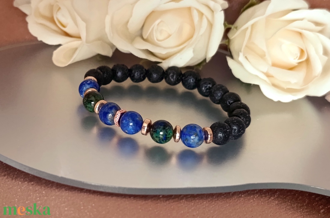 Azurit-malachit, lapis lazuli, hematit és lávakő női ásvány karkötő, aroma ékszer - ékszer - karkötő - ásványkarkötő - Meska.hu