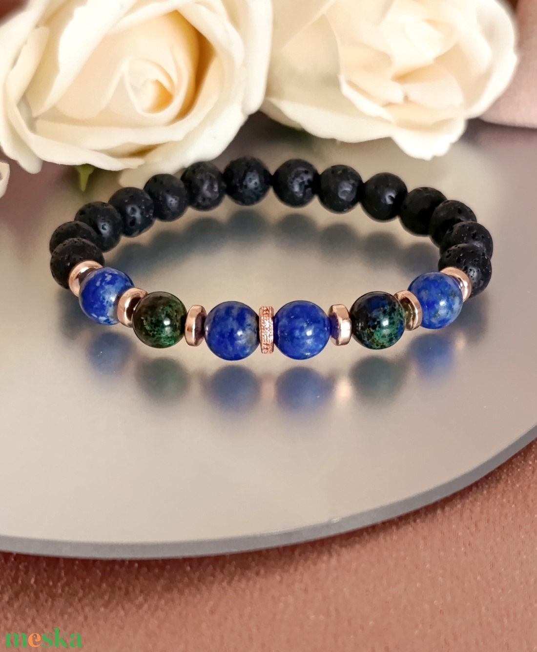 Azurit-malachit, lapis lazuli, hematit és lávakő női ásvány karkötő, aroma ékszer - ékszer - karkötő - ásványkarkötő - Meska.hu
