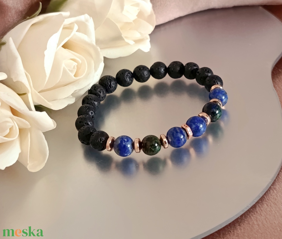 Azurit-malachit, lapis lazuli, hematit és lávakő női ásvány karkötő, aroma ékszer - ékszer - karkötő - ásványkarkötő - Meska.hu