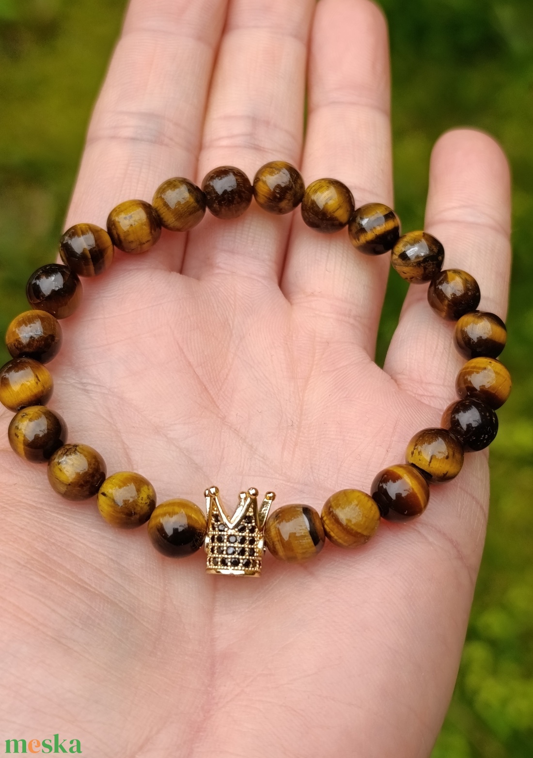 Bőség - fókusz - földelés A minőségű tigrisszem karkötő korona dísszel - ékszer - karkötő - ásványkarkötő - Meska.hu