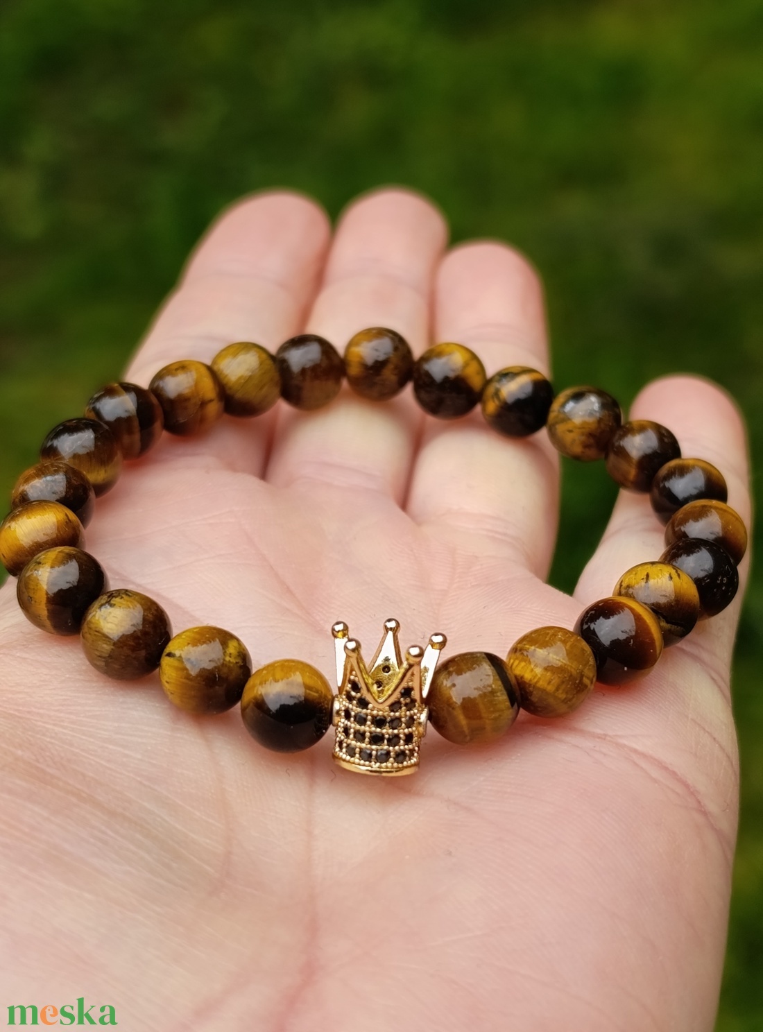 Bőség - fókusz - földelés A minőségű tigrisszem karkötő korona dísszel - ékszer - karkötő - ásványkarkötő - Meska.hu