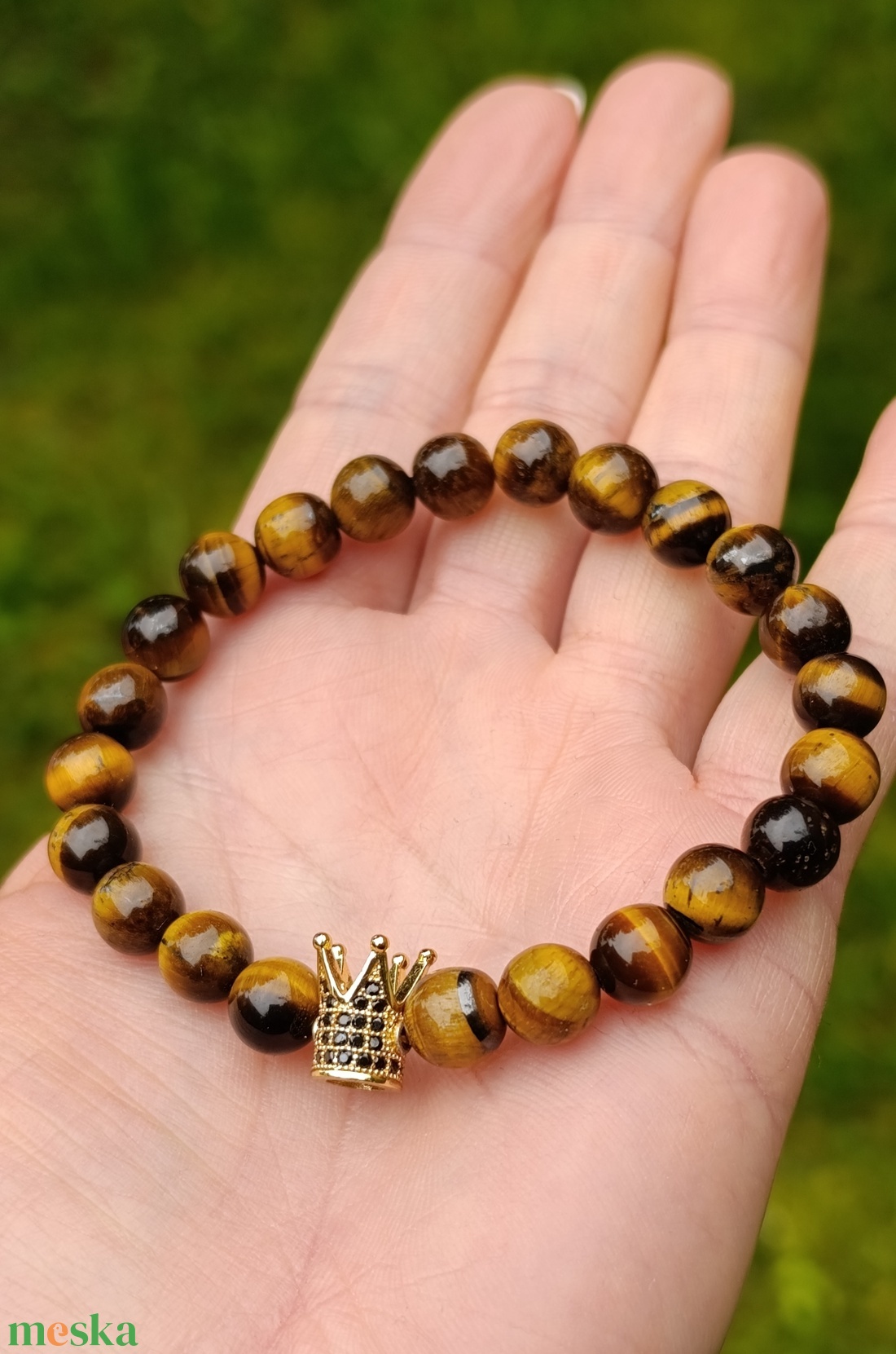 Bőség - fókusz - földelés A minőségű tigrisszem karkötő korona dísszel - ékszer - karkötő - ásványkarkötő - Meska.hu