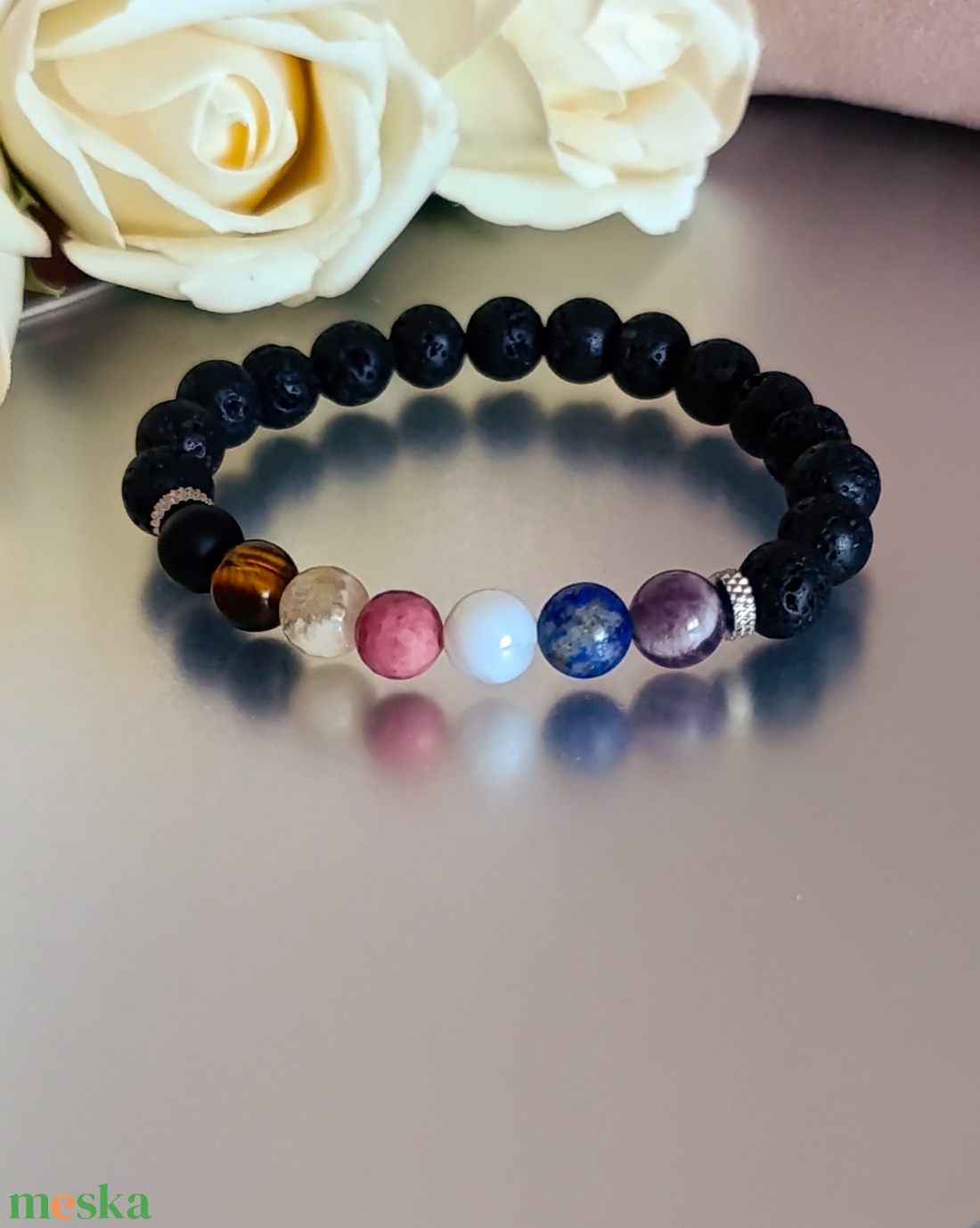 Női csakra karkötő lávakő alapon, aroma ékszer  - ékszer - karkötő - ásványkarkötő - Meska.hu