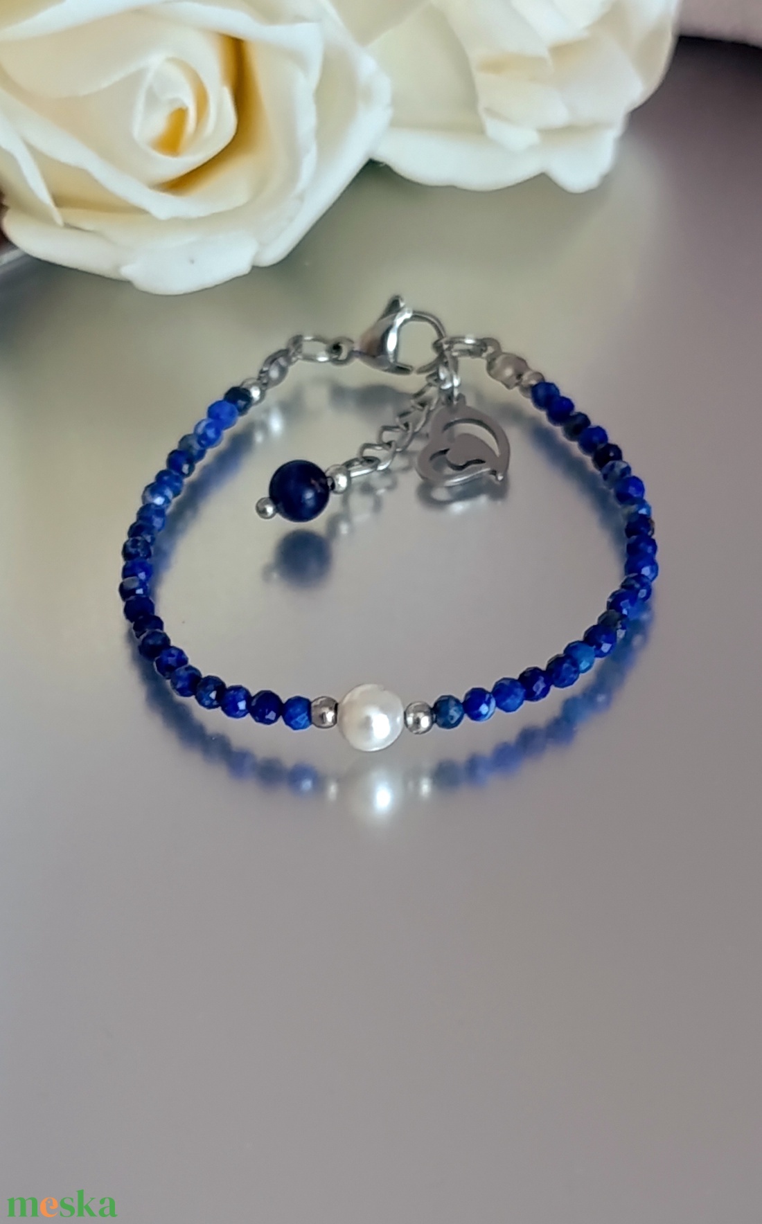 Harmónia - intuíció - tisztánlátás karkötő lapis lazulival és bevonatos kagylóhéj gyönggyel - ékszer - karkötő - ásványkarkötő - Meska.hu