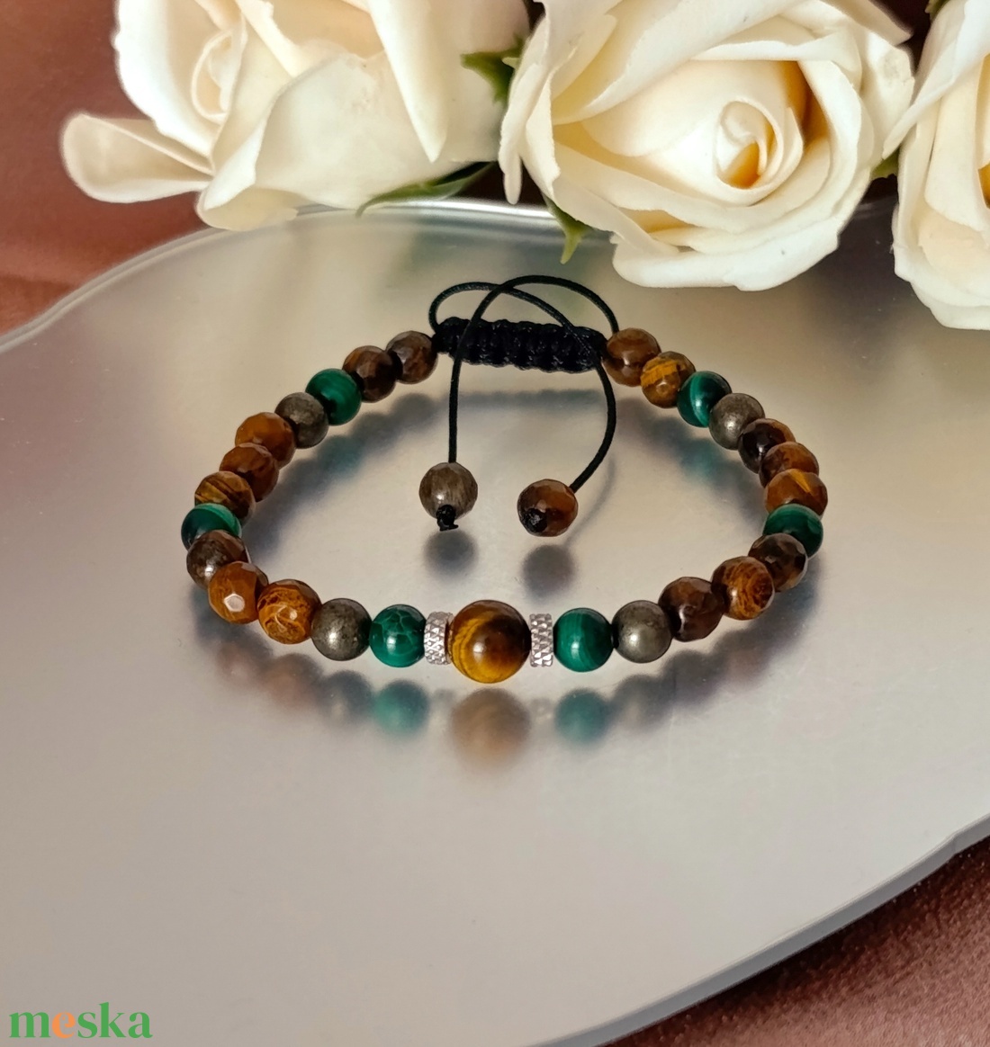 Bőségtudat - átalakulás - kitartás állítható ásvámykarkötő malachittal, tigrisszemmel és pirittel - ékszer - karkötő - ásványkarkötő - Meska.hu