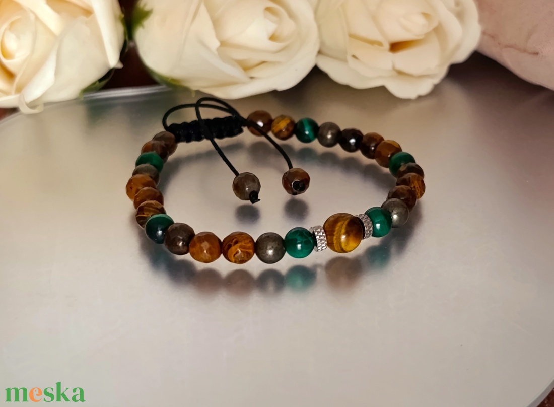 Bőségtudat - átalakulás - kitartás állítható ásvámykarkötő malachittal, tigrisszemmel és pirittel - ékszer - karkötő - ásványkarkötő - Meska.hu