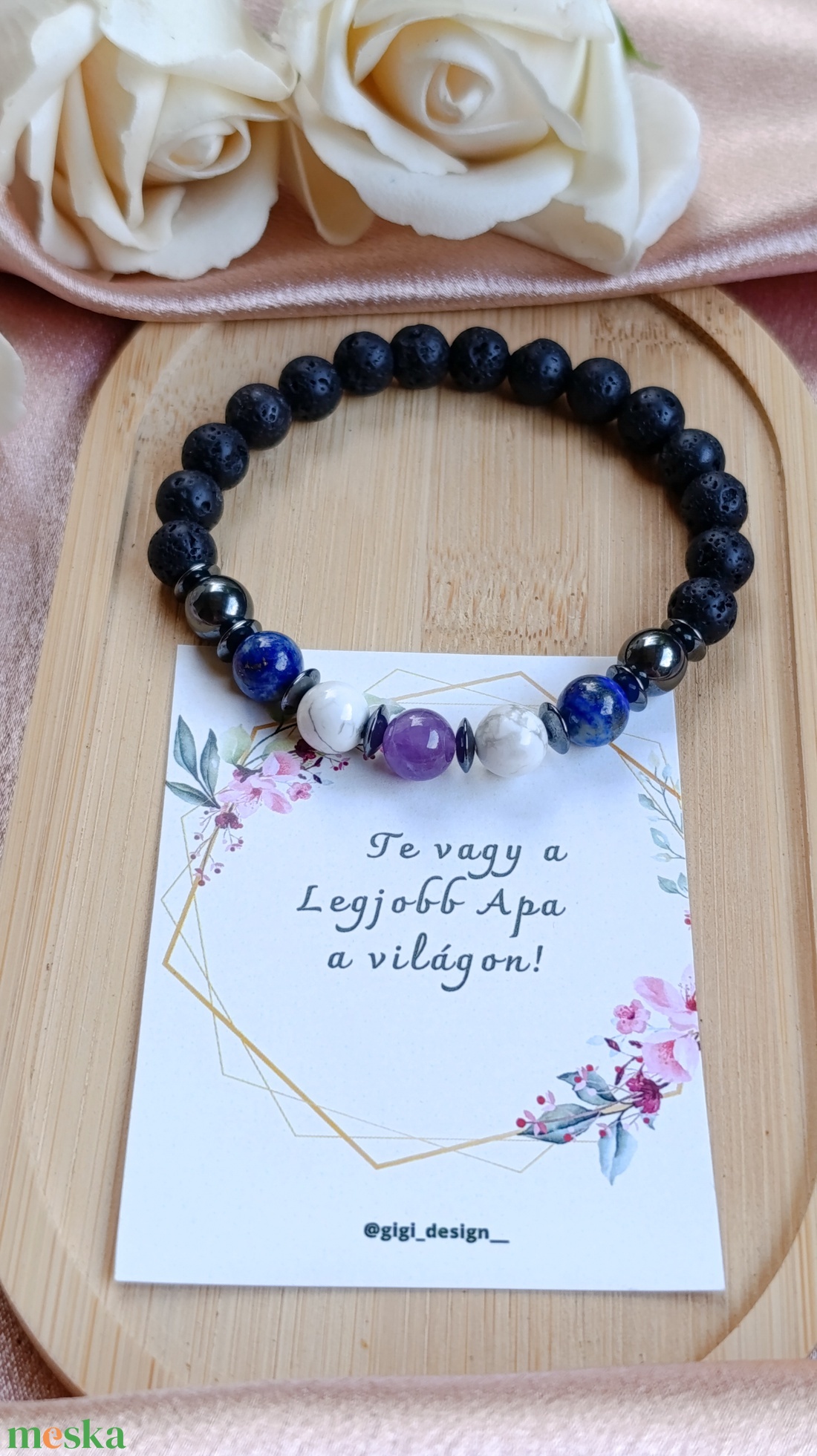 Ametiszt, lapis lazuli, howlit, hematit és lávakő karkötő hematit korongokkal Apának - ékszer - karkötő - ásványkarkötő - Meska.hu