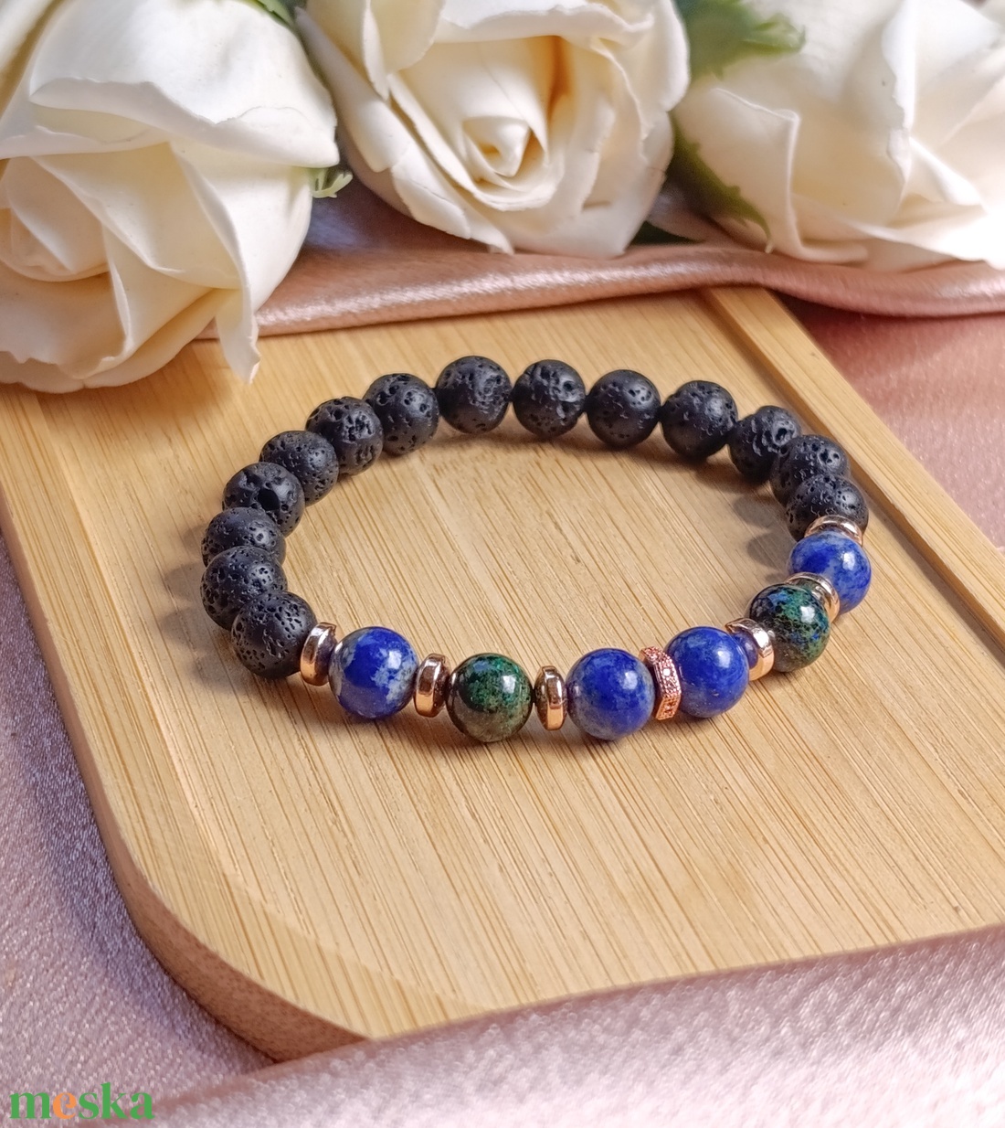 Azurit-malachit, lapis lazuli, hematit és lávakő női ásvány karkötő, aroma ékszer - ékszer - karkötő - ásványkarkötő - Meska.hu