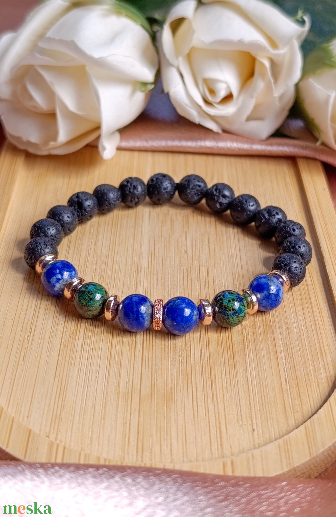 Azurit-malachit, lapis lazuli, hematit és lávakő női ásvány karkötő, aroma ékszer - ékszer - karkötő - ásványkarkötő - Meska.hu