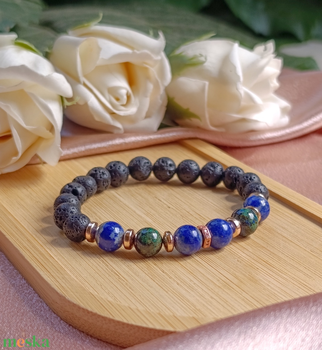 Azurit-malachit, lapis lazuli, hematit és lávakő női ásvány karkötő, aroma ékszer - ékszer - karkötő - ásványkarkötő - Meska.hu