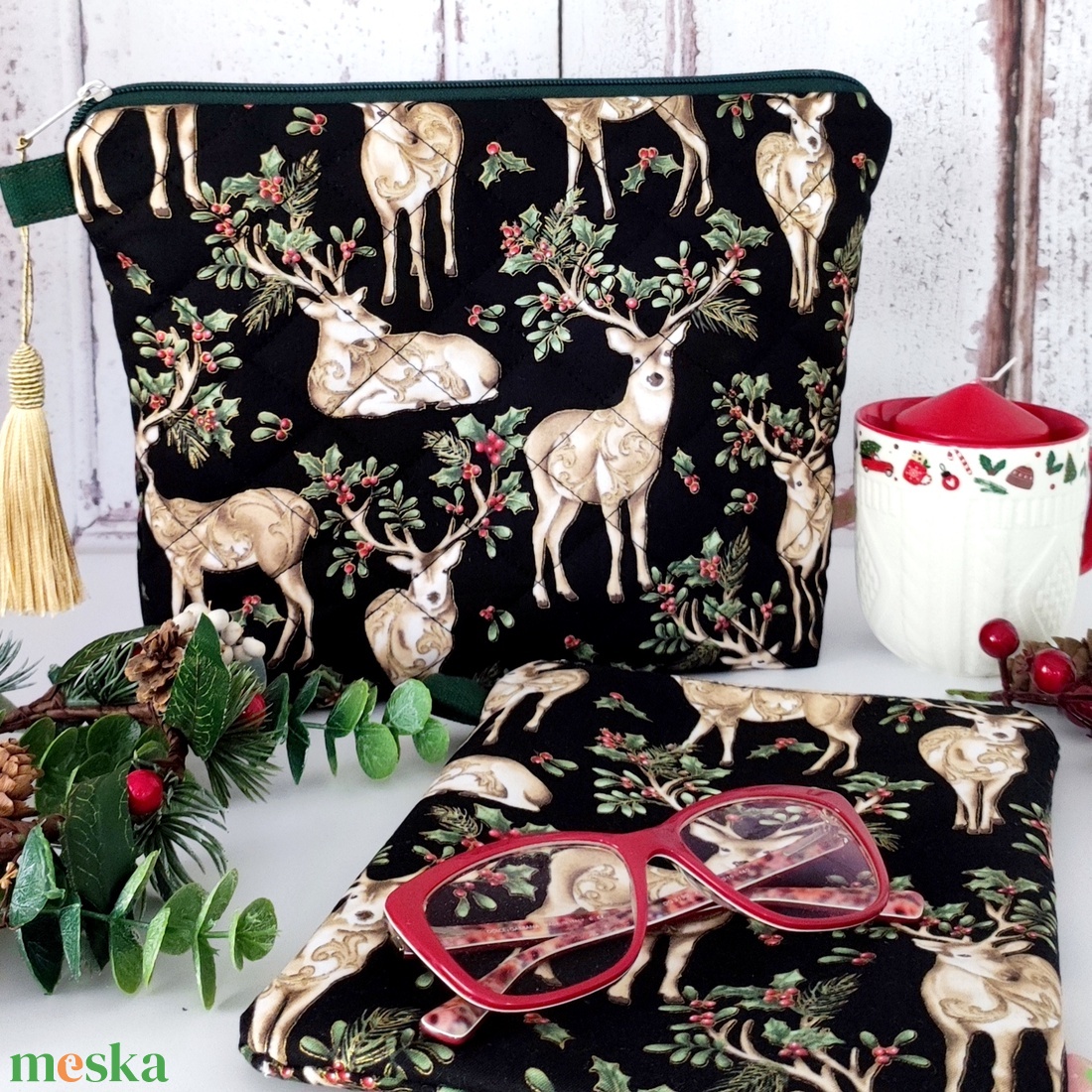 Szarvas mintás karácsonyi neszesszer és könyvtok szettben - Női ajándékcsomag - táska & tok - neszesszer - Meska.hu
