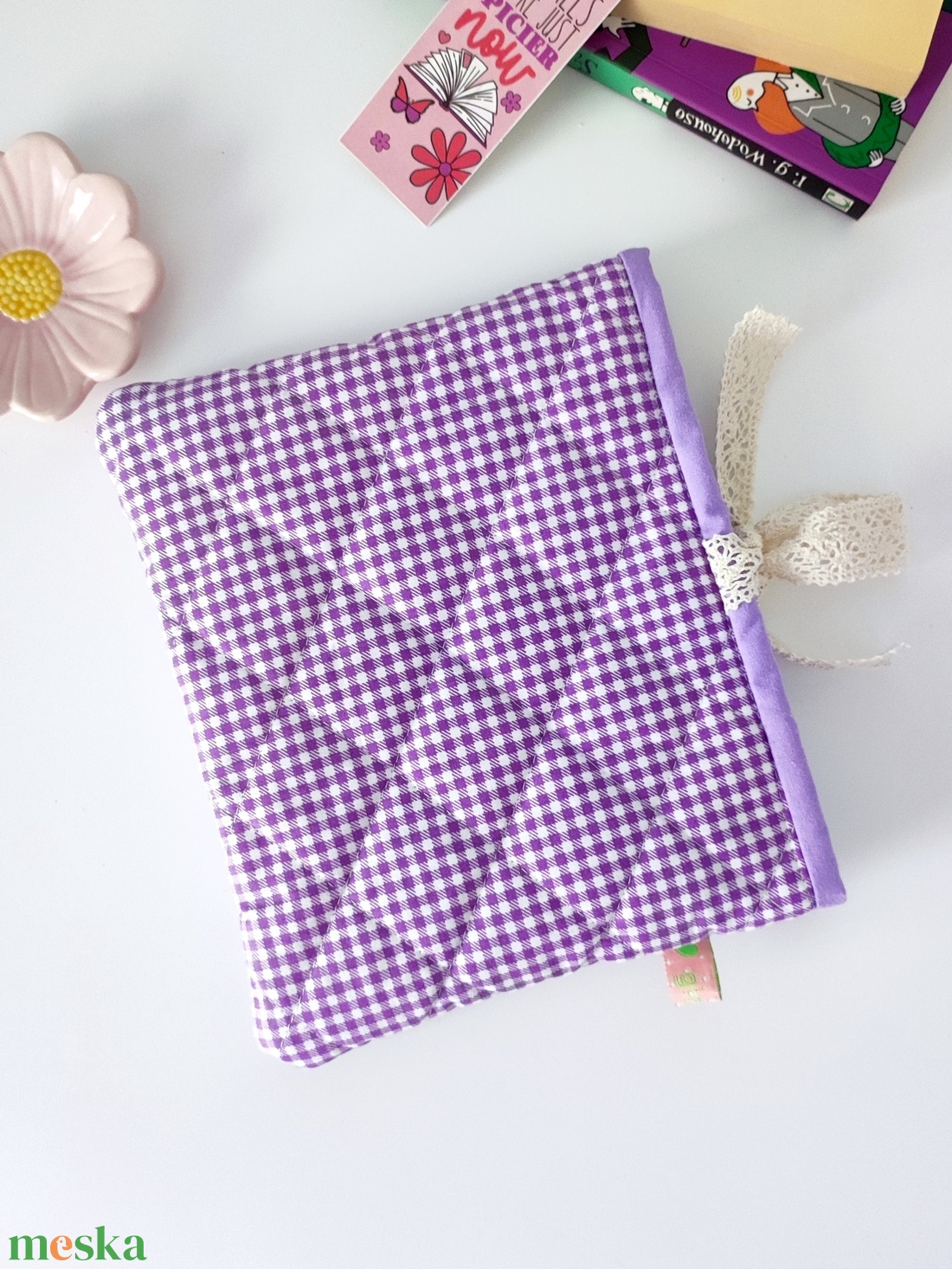 Kockás csipkés könyvtok - környezetbarát nyitott - könyv & zene - könyvtok - Meska.hu