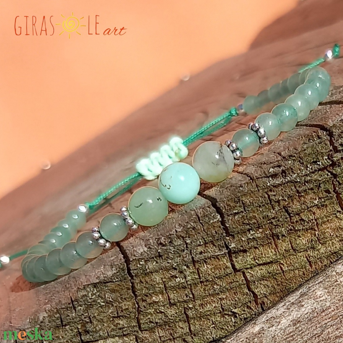 Zöldike ezüsttel - krizopráz-aventurin karkötő  - ékszer - karkötő - ásványkarkötő - Meska.hu