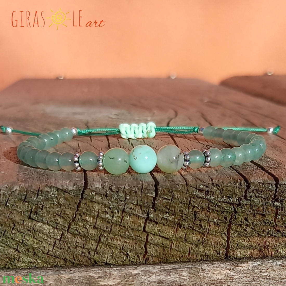 Zöldike ezüsttel - krizopráz-aventurin karkötő  - ékszer - karkötő - ásványkarkötő - Meska.hu