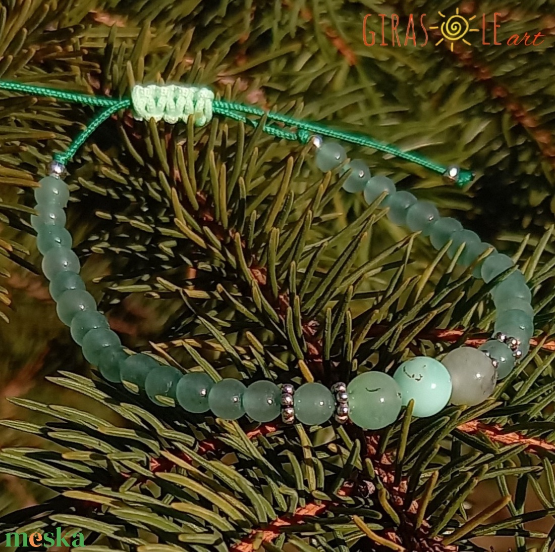 Zöldike ezüsttel - krizopráz-aventurin karkötő  - ékszer - karkötő - ásványkarkötő - Meska.hu