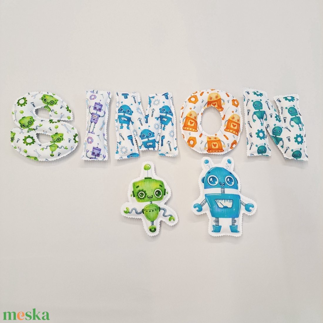 Dundi betűs girland menta színben robotos mintával - 5 betűs név - otthon & életmód - dekoráció - fali és függő dekoráció - betű & név - Meska.hu