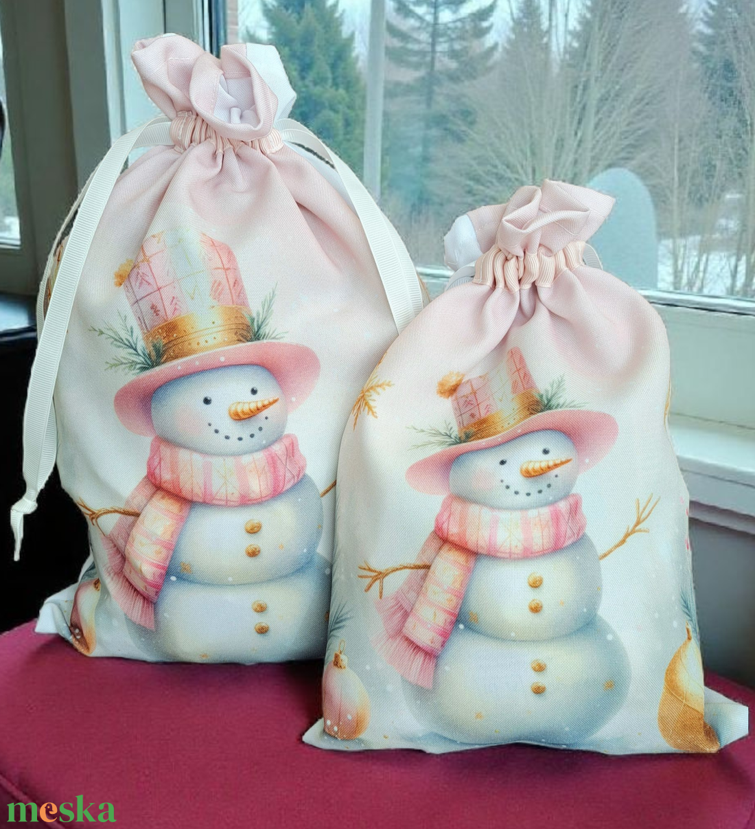 Pasztell rózsaszín-arany hóemberes mikulás zsák  - karácsony - mikulás - mikulás zsák - Meska.hu
