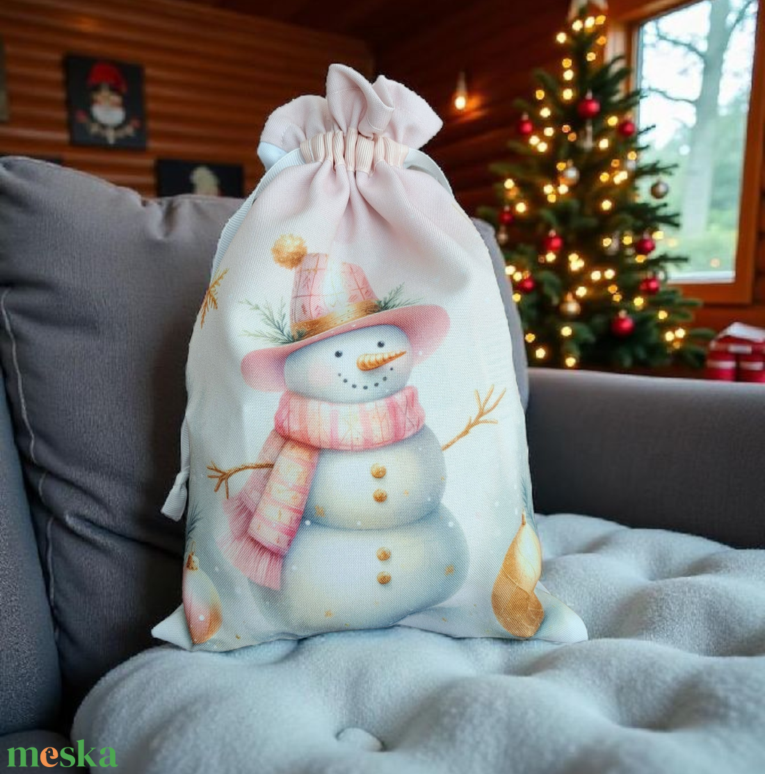 Pasztell rózsaszín-arany hóemberes mikulás zsák  - karácsony - mikulás - mikulás zsák - Meska.hu