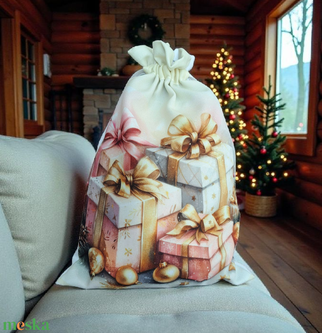 Pasztell rózsaszín-arany mikulás zsák  - karácsony - mikulás - mikulás zsák - Meska.hu