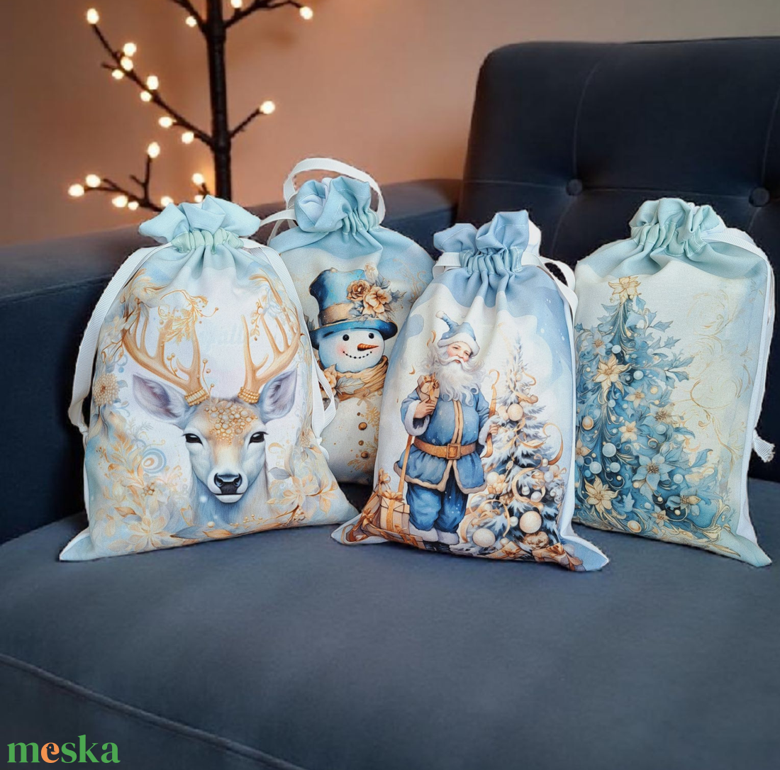 Pasztell kék-arany hóemberes mikulás zsák  - karácsony - mikulás - mikulás zsák - Meska.hu