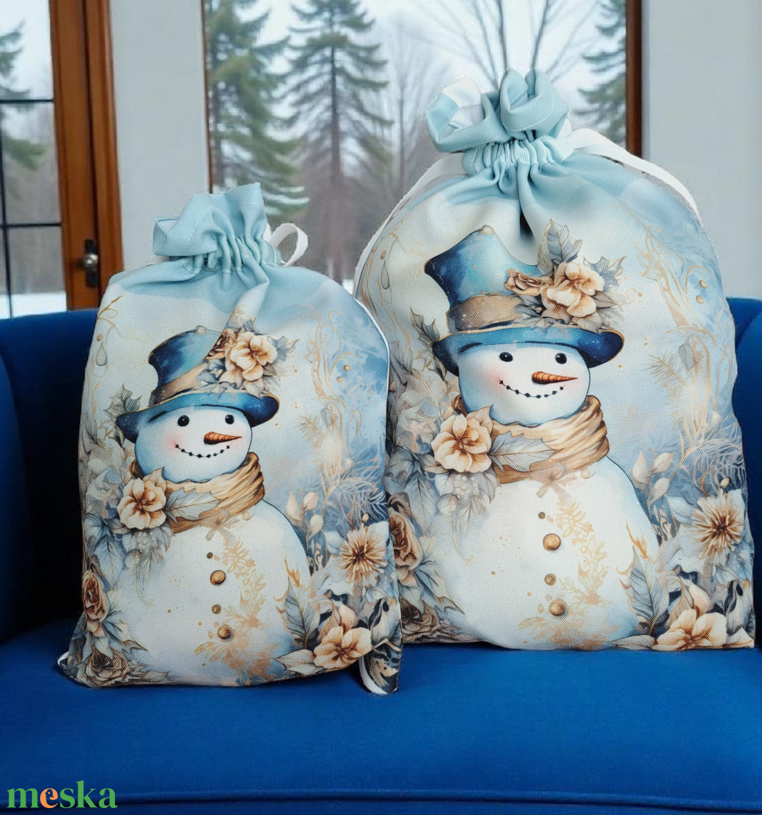 Pasztell kék-arany hóemberes mikulás zsák  - karácsony - mikulás - mikulás zsák - Meska.hu