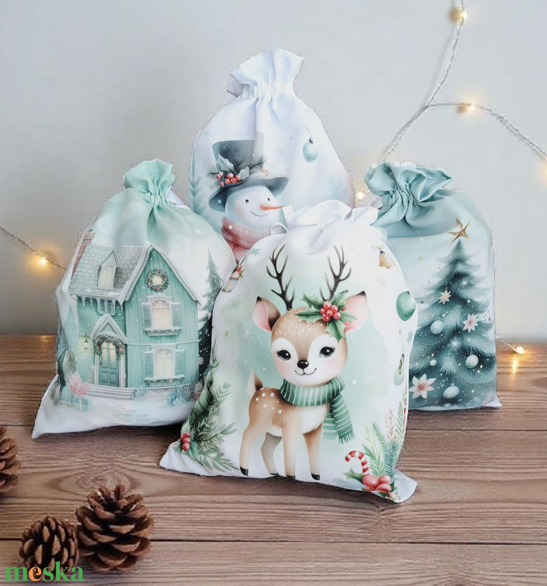 Pasztell menta színű rénszarvasos mikulás zsák  - karácsony - mikulás - mikulás zsák - Meska.hu