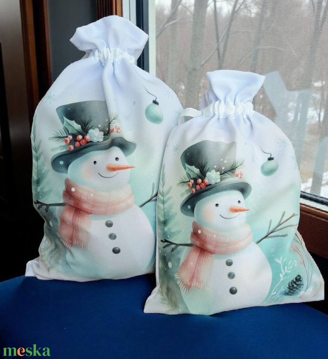 Pasztell menta színű hóemberes mikulás zsák  - karácsony - mikulás - mikulás zsák - Meska.hu