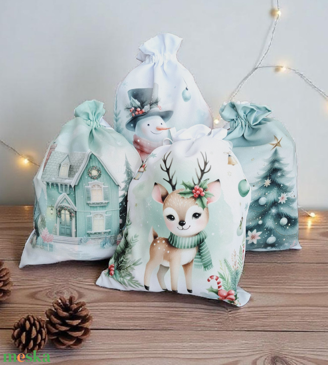 Pasztell menta színű hóemberes mikulás zsák  - karácsony - mikulás - mikulás zsák - Meska.hu