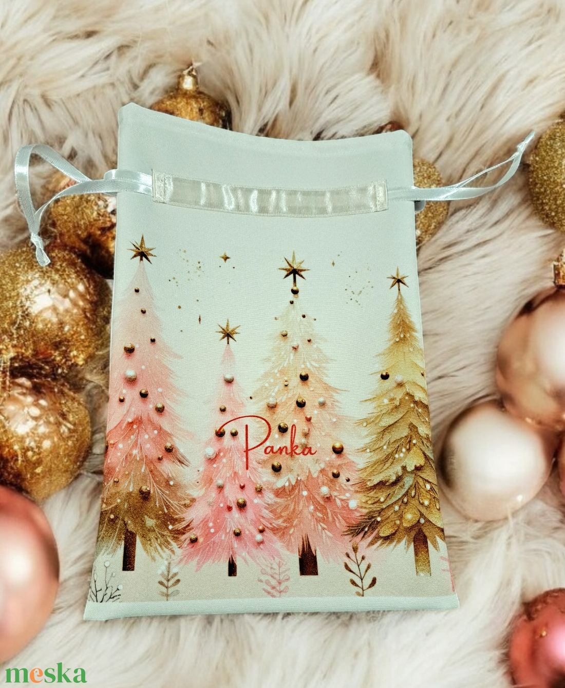 Pasztell rózsaszín-arany mikulás zsák  - karácsony - mikulás - mikulás zsák - Meska.hu