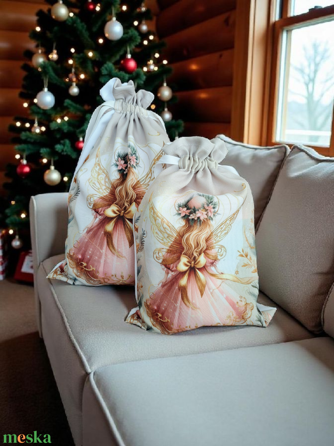 Pasztell rózsaszín-arany angyal zsák  - karácsony - mikulás - mikulás zsák - Meska.hu