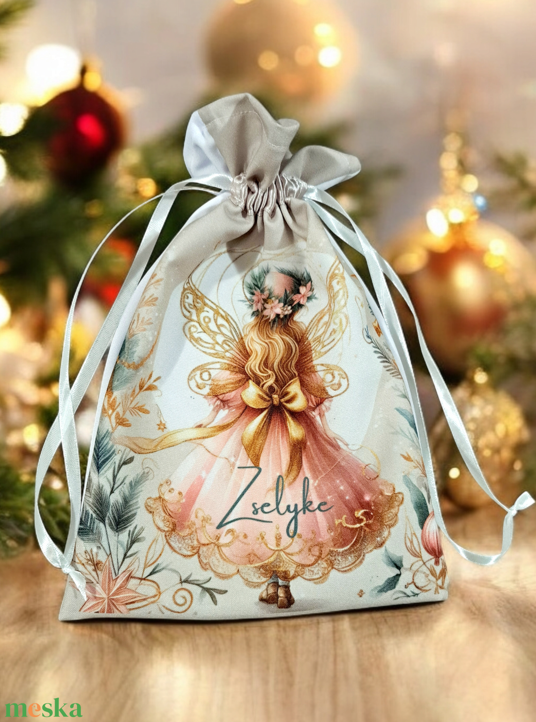 Pasztell rózsaszín-arany angyal zsák  - karácsony - mikulás - mikulás zsák - Meska.hu