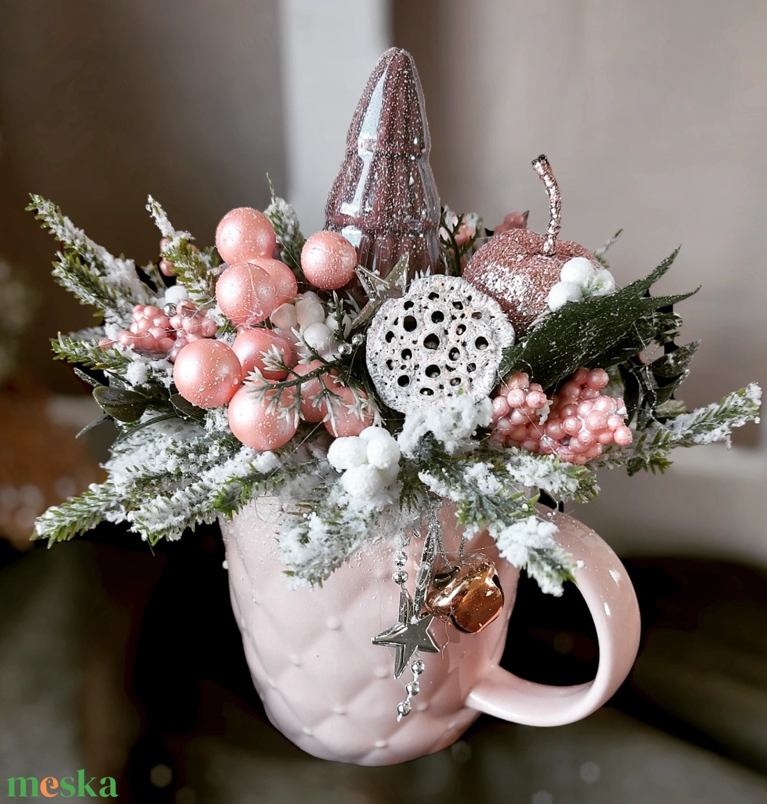 Fenyős bögre, pink-rose, havas - karácsony - adventi díszek - adventi asztaldísz - Meska.hu