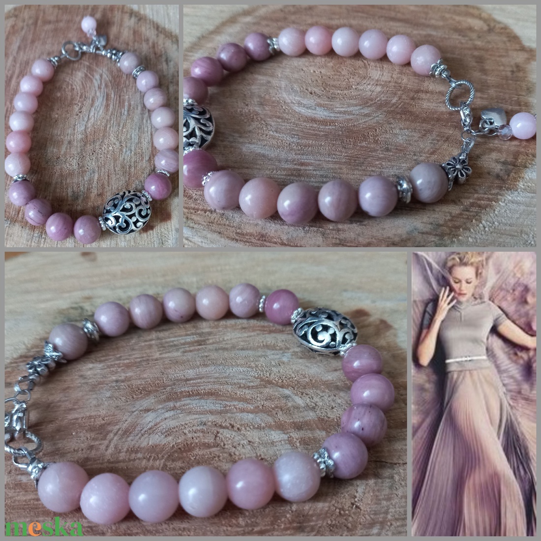 Rózsaszín - pink opál , rodonit karkötő akciós termékkép 1