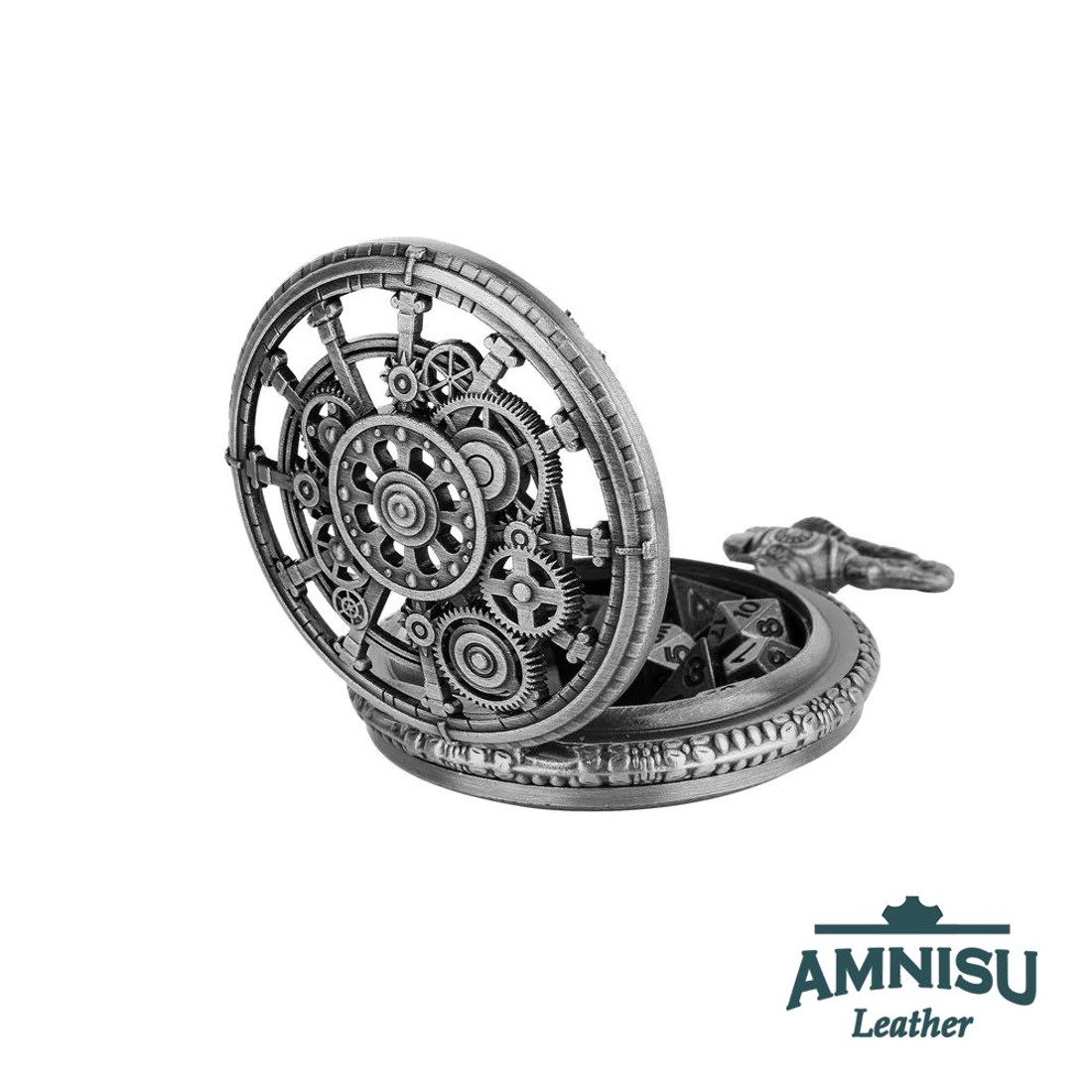 Ezüst steampunk mini fém kockaszett zsebóra tokban - játék & sport - szerepjáték - Meska.hu